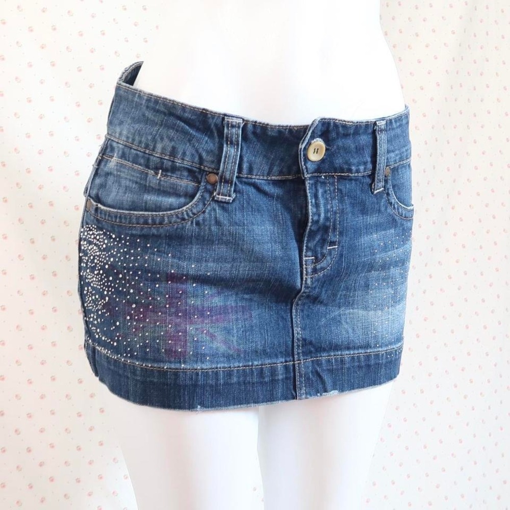 y2k rhinestone denim micro mini skirt low rise mcbling graphic skirt